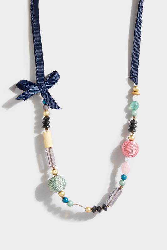 Tall  Yours Navy Blue Bow Mixed Bead Necklace