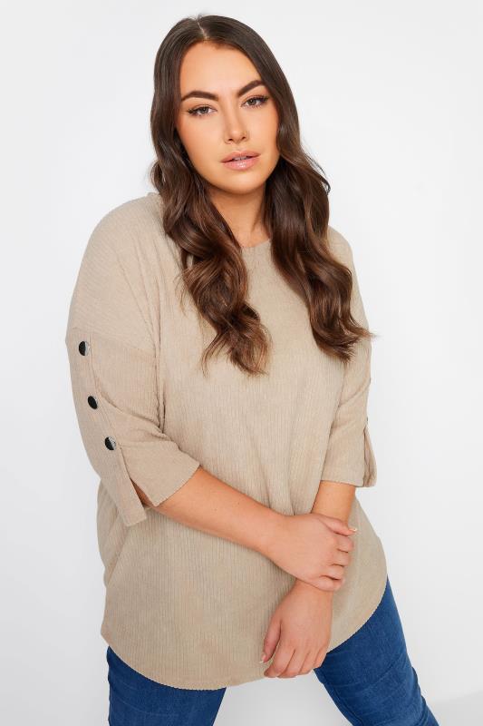 Plus Size  YOURS Curve Stone Brown Soft Touch Button Top