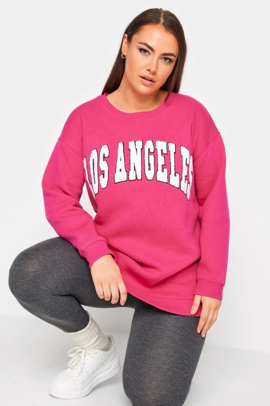 YOURS Plus Size Pink 'Los Angeles' Embroidered Slogan Sweatshirt | Yours Clothing 4