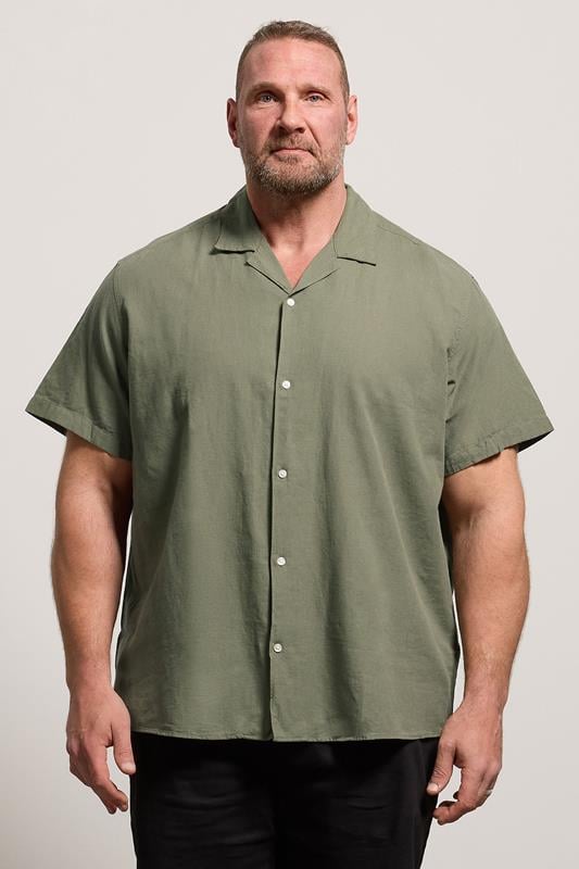  JACK & JONES Big & Tall Olive Green Linen Blend Resort Shirt