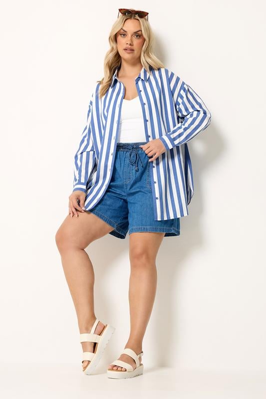 YOURS Plus Size Blue Stripe Linen Long Sleeve Shirt | Yours Clothing 1