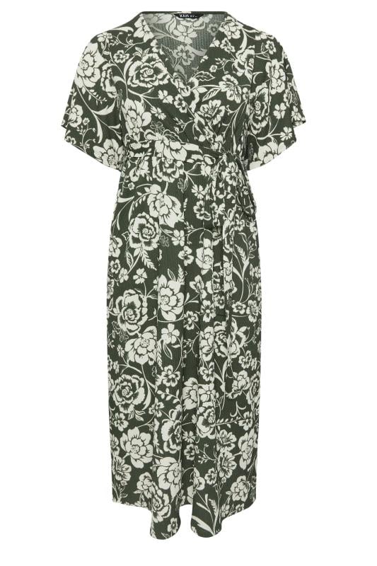 YOURS Plus Size Khaki Green Floral Print Textured Wrap Dress | Yours Clothing 5