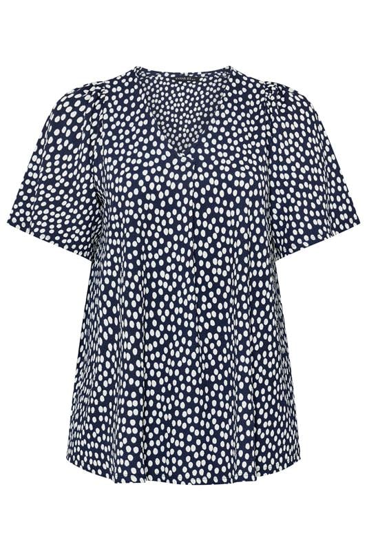 EVANS Curve Navy Blue Spot Print Pleat Front Top