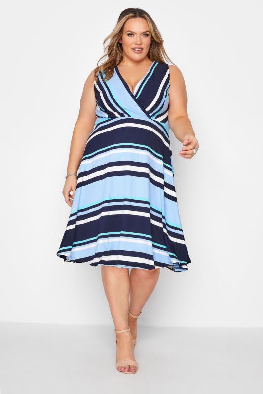 Plus Size  Light Blue Stripe Wrap Skater Dress