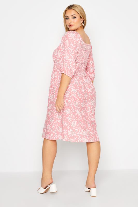 Curve Pink & White Floral Shirred Balloon Sleeve Midi Dress 3