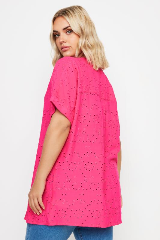 YOURS Curve Hot Pink Broderie Anglaise Notch Neck Shirt | Yours Clothing 3