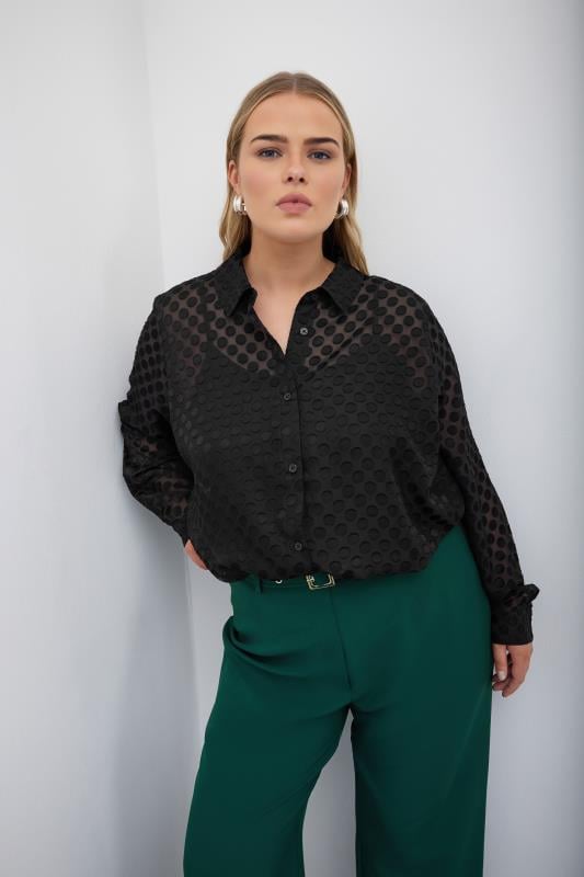 YOURS LONDON Plus Size Black Burnout Polka Dot Shirt | Yours Clothing  1