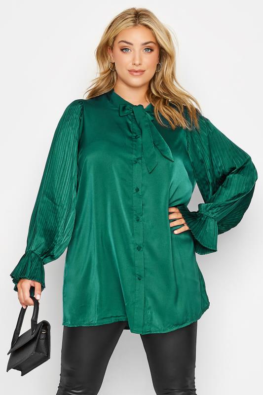 YOURS LONDON Plus Size Emerald Green Satin Pleated Bow Blouse | Yours Clothing 3