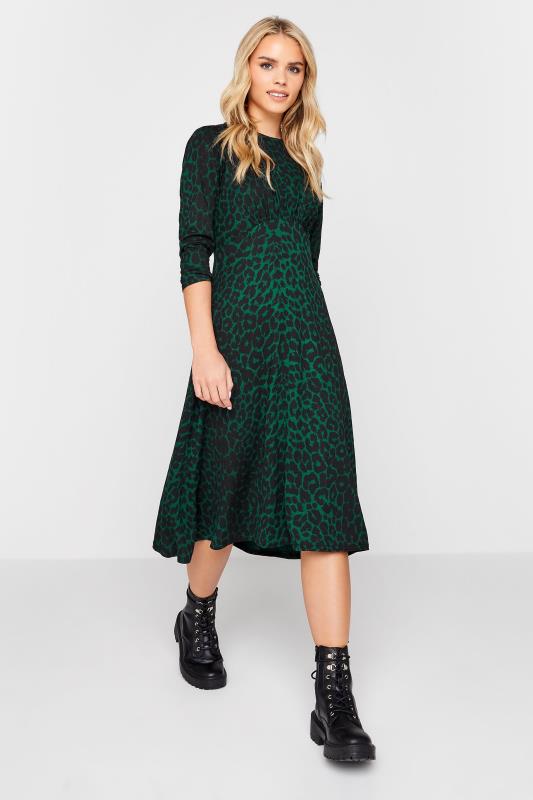 Petite  Petite Dark Green Leopard Print Midi Dress