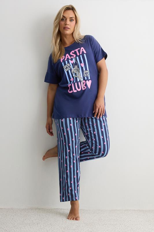  YOURS Marineblauwe Pasta Club Wijde Gestreepte Pyjama Set
