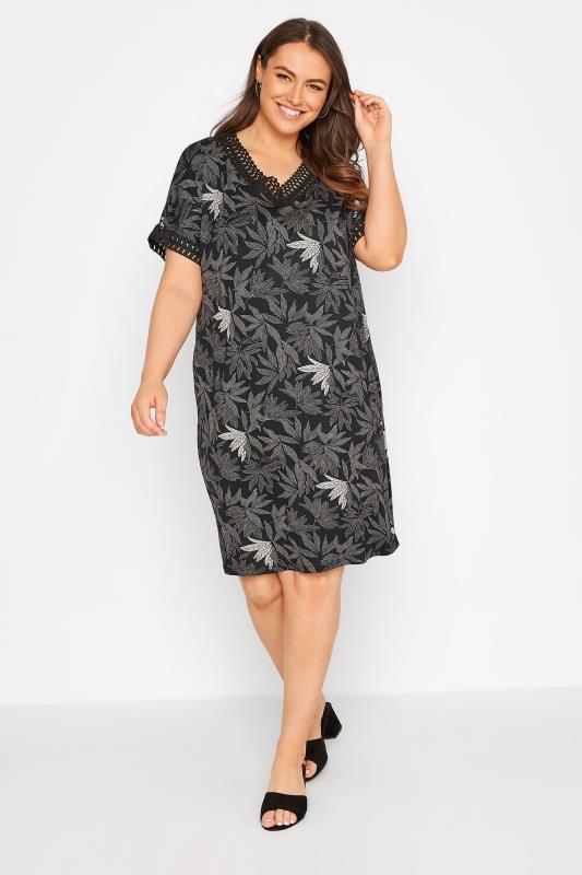 Plus Size Black Leaf Print Contrast Trim Tunic Dress | Yours Clothing 2