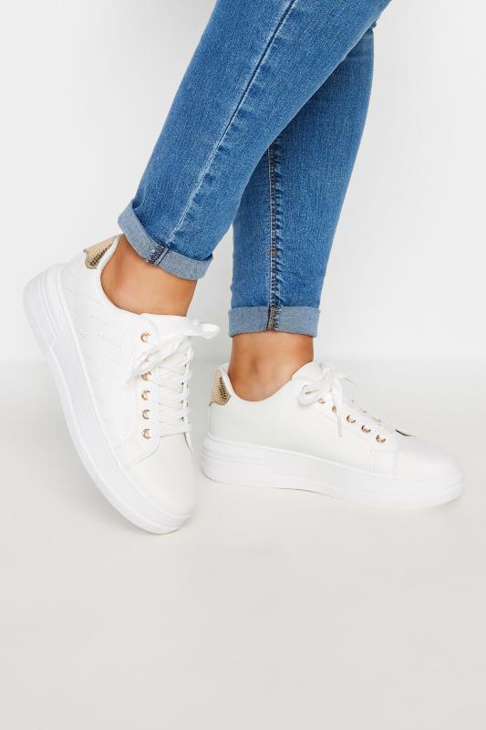 White & Gold Chevron Chunky Trainers In Extra Wide EEE Fit | Yours Clothing 1