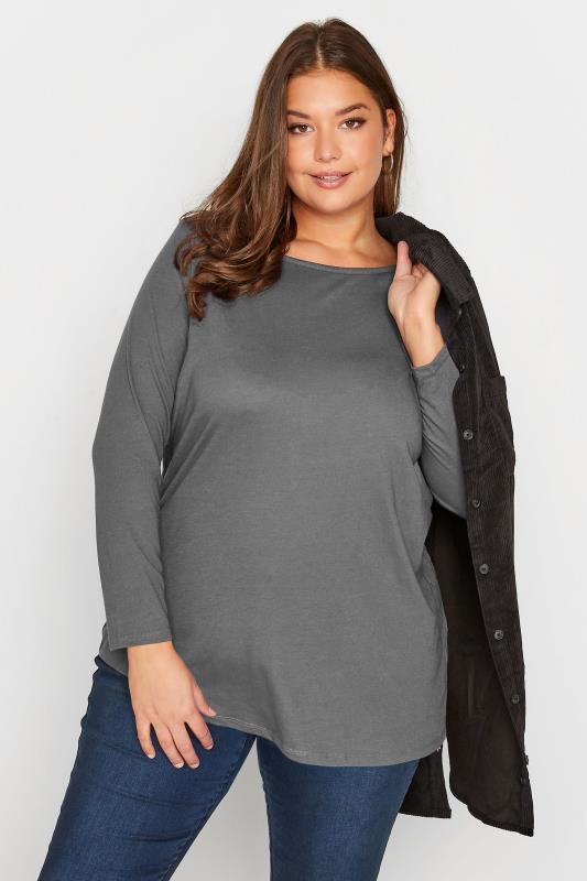 Grande Taille Curve Grey Long Sleeve T-Shirt