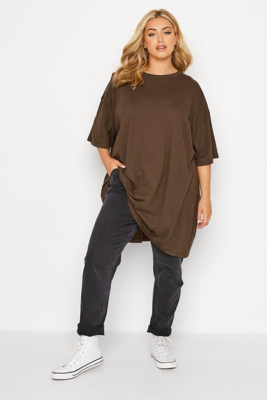 Plus Size Chocolate Brown Oversized Tunic T-Shirt Dress | Yours Clothing 2