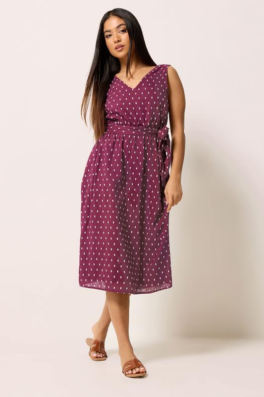 M&Co Petite Berry Purple Dobby Tie Waist Midi Dress | M&Co 2