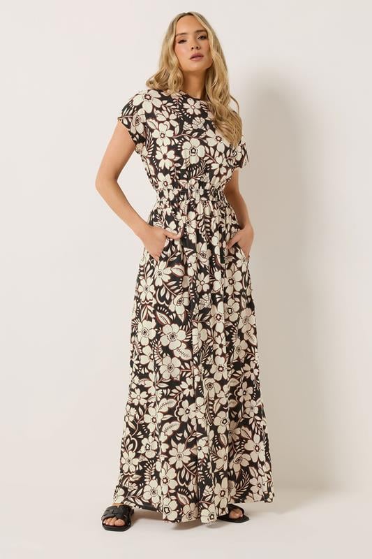 LTS Tall Women's Black Floral Shirred Waist Cotton Maxi Dress | Long Tall Sally 1