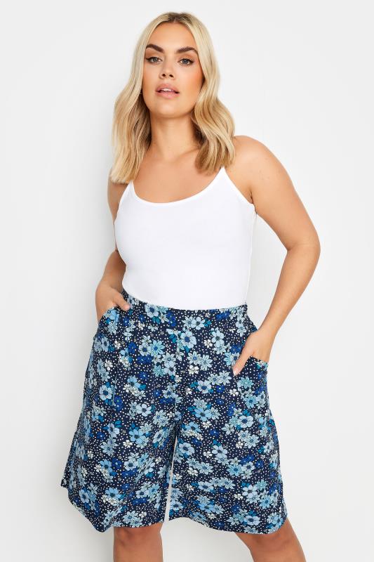 YOURS Plus Size Blue Floral Print Shorts | Yours Clothing 1