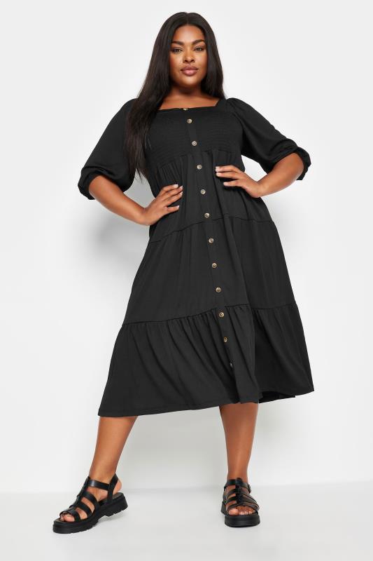 YOURS Plus Size Black Button Front Tiered Midi Dress | Yours Clothing 1