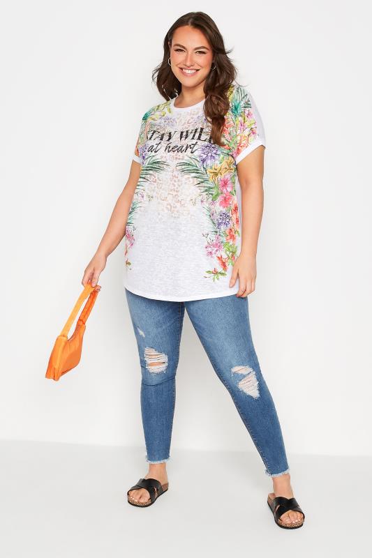 Curve White 'Stay Wild At Heart' Floral Printed Slogan T-Shirt 2