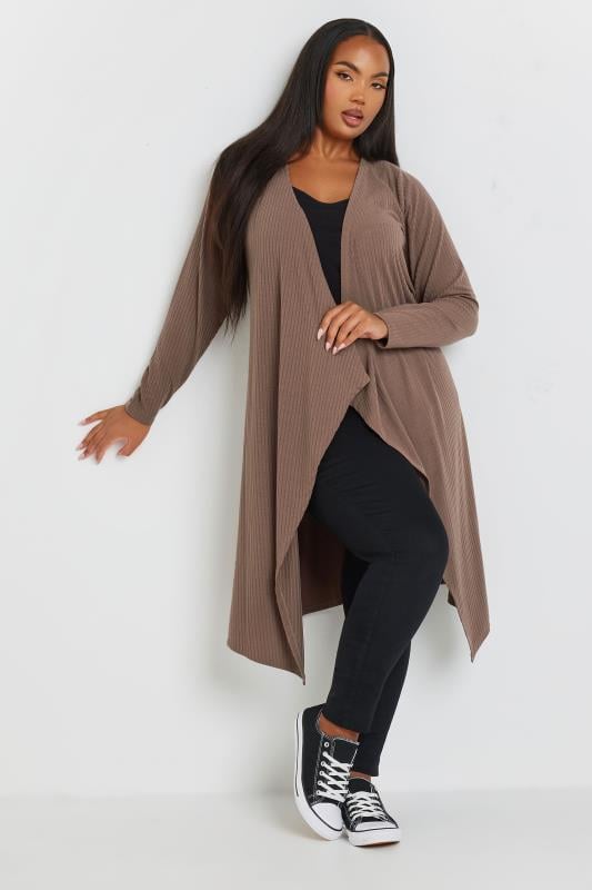 YOURS Plus Size Brown Ribbed Waterfall Maxi Cardigan | Yours Clothing  1