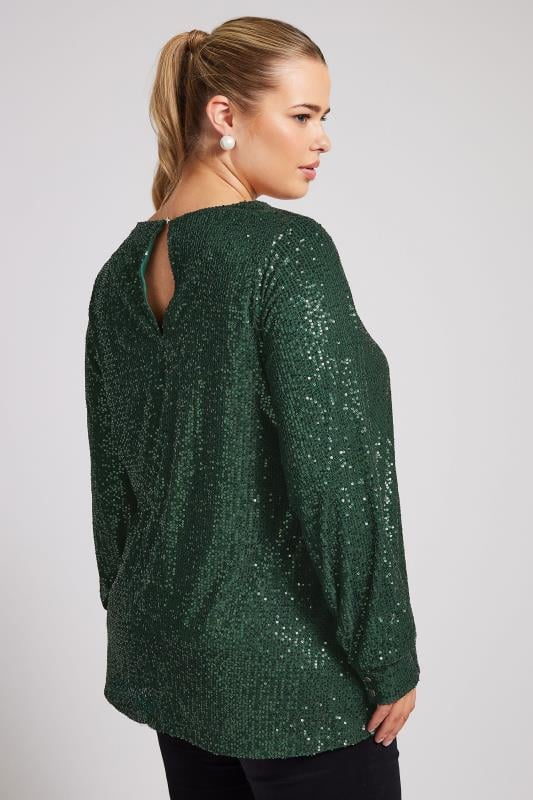 YOURS LONDON Plus Size Green Sequin V-Neck Top | Yours Clothing 3