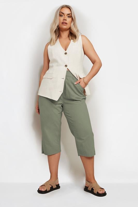 YOURS 2 PACK Plus Size Khaki Green & Navy Blue Cool Cotton Cropped Trousers | Yours Clothing 4