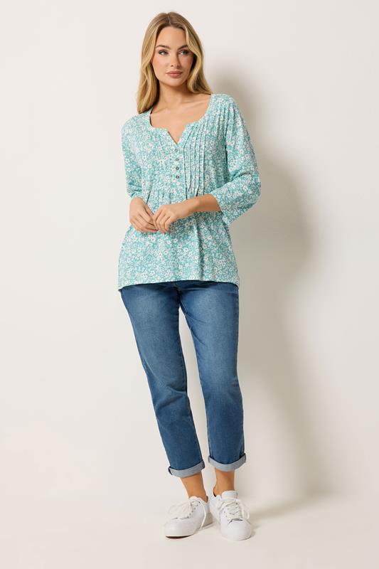 M&Co Green Floral Cotton Henley Top | M&Co 1