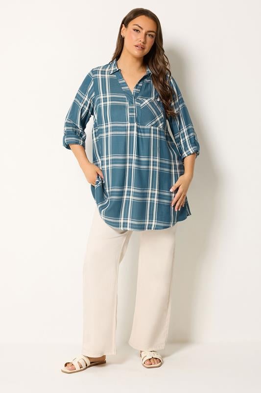 YOURS Plus Size Blue Check Overhead Shirt | Yours Clothing 1