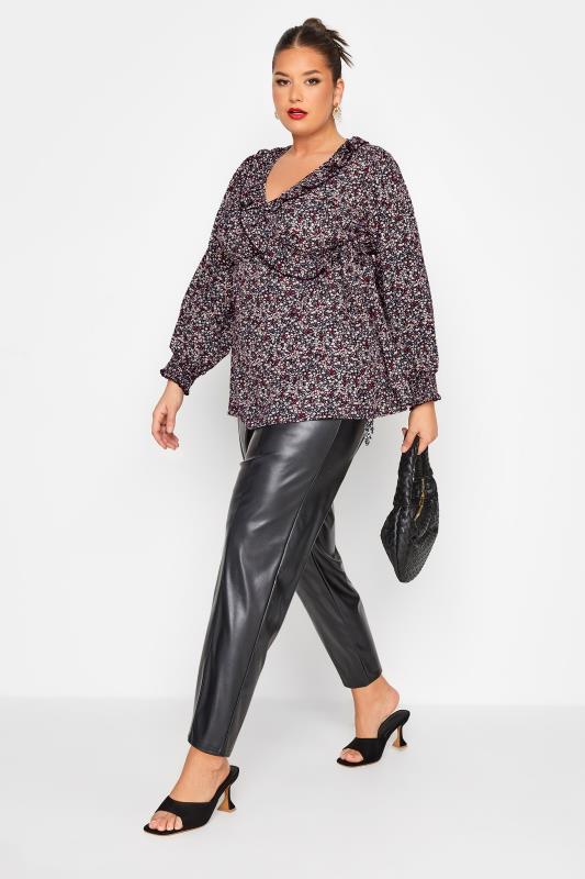 LIMITED COLLECTION Plus Size Black Ditsy Print Frill Wrap Blouse | Yours Clothing 2