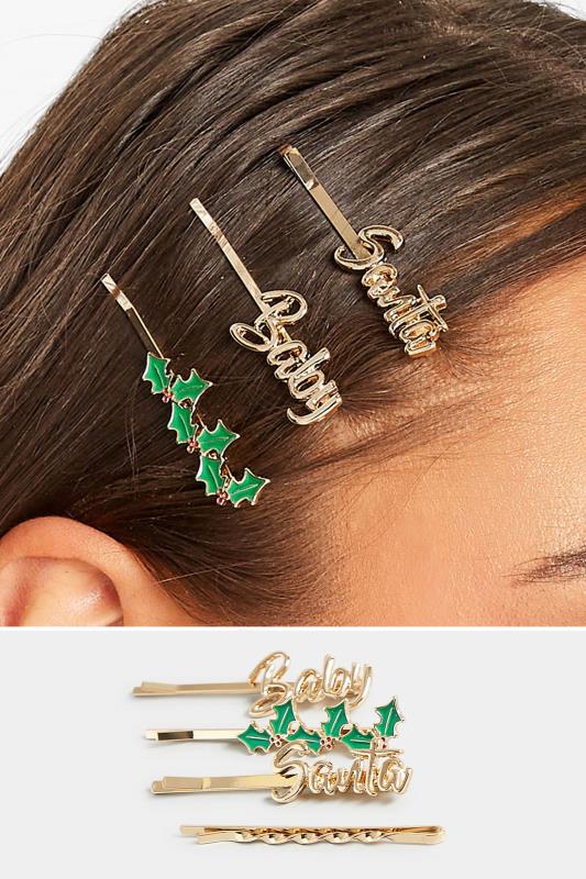Plus Size  Yours 4 PACK Gold 'Santa Baby' Christmas Hairslide Set