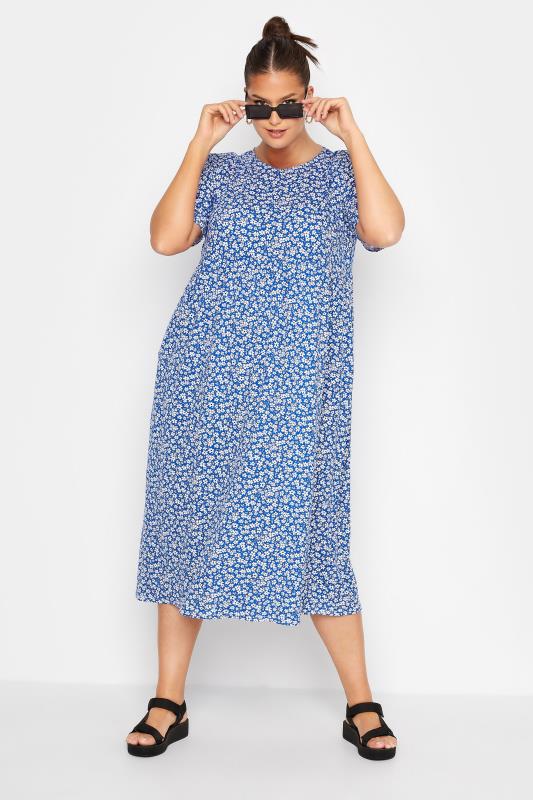 LIMITED COLLECTION Curve Cobalt Blue Floral Throw On Midi Dress 1