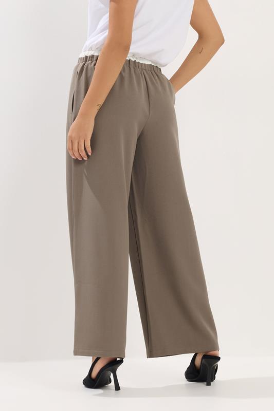 PixieGirl Petite Women's Natural Brown Contrast Waist Wide Leg Trousers | PixieGirl 4