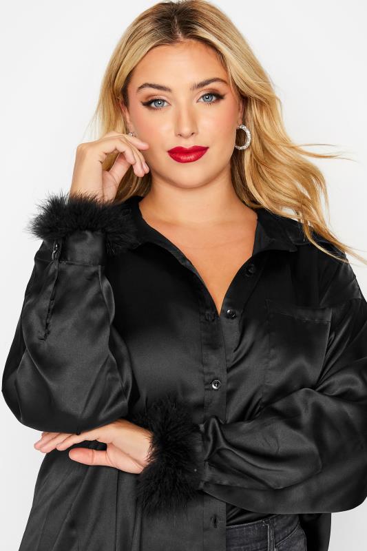 LIMITED COLLECTION Plus Size Black Fluff Trim Satin Shirt | Yours Clothing  4