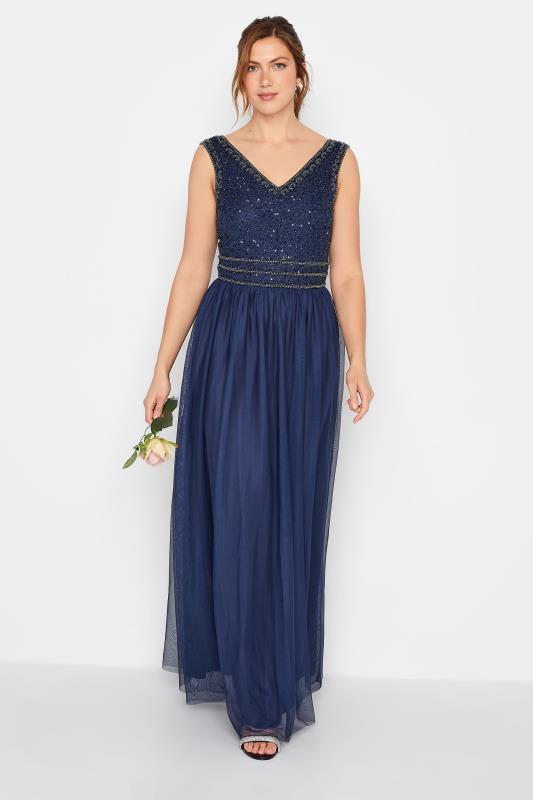 Grande Taille LTS Tall Navy Blue Sequin Hand Embellished Maxi Dress