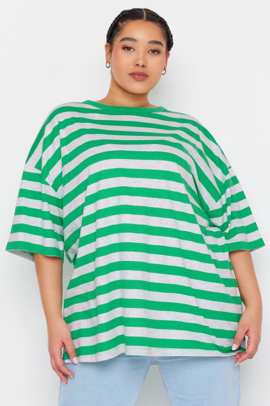 Plus Size  YOURS Curve Green & Grey Stripe Oversized T-Shirt