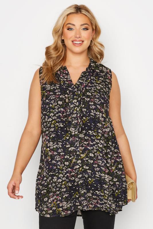 Plus Size  YOURS Curve Black Floral Print Sleeveless Frill Swing Blouse