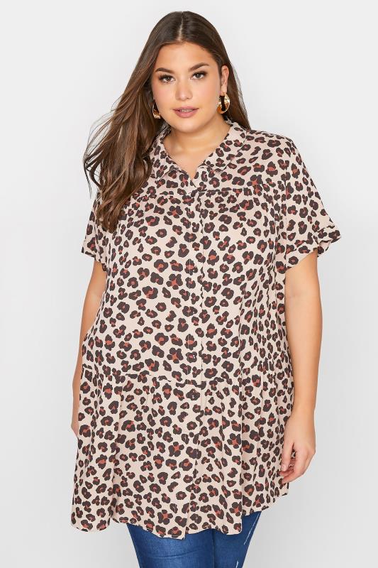 Plus Size  Curve Brown Leopard Print Tiered Short Sleeve Shirt