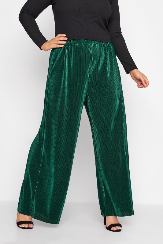 Plus Size Emerald Green Plisse Wide Leg Trousers | Yours Clothing 1