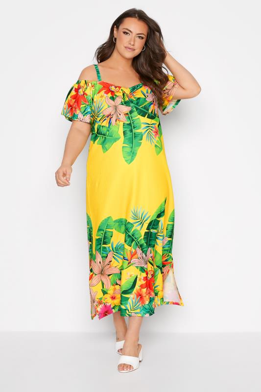 Plus Size  Curve Yellow Tropical Print Cold Shoulder Dress