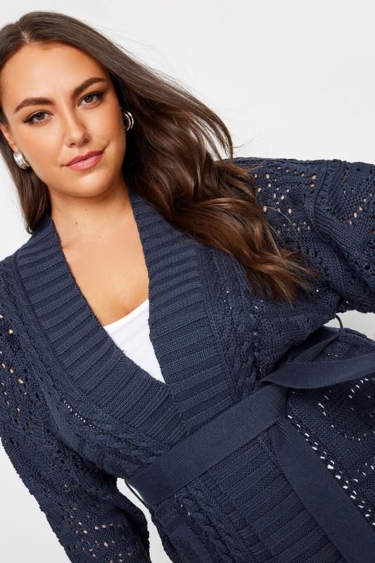 Yours Women s Plus Size Pointelle Belted Cardigan in Navy Blue Size 18 20