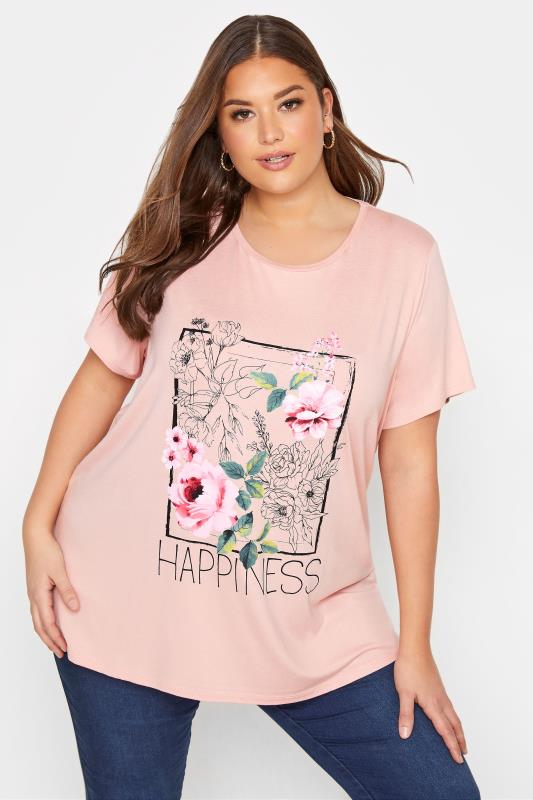 Plus Size  Curve Pink Floral 'Happiness' Slogan T-Shirt