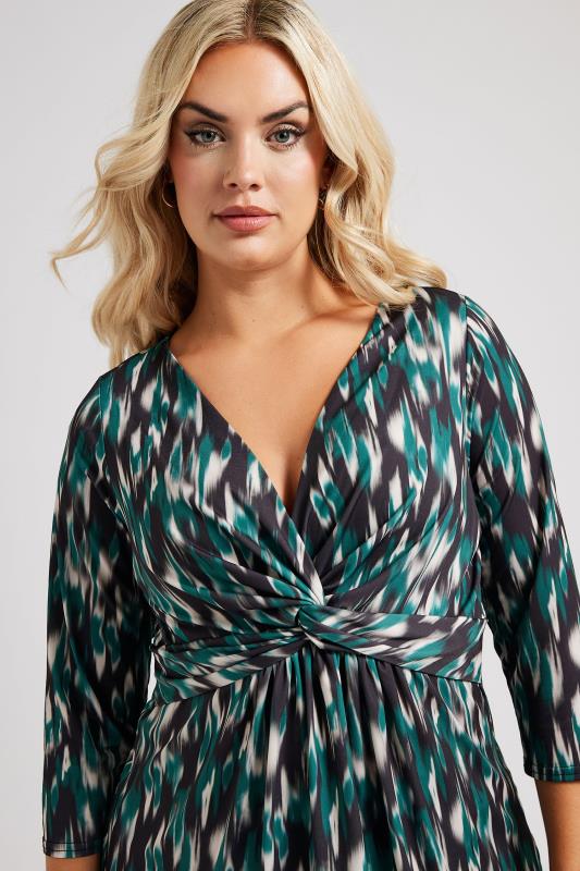 YOURS LONDON Plus Size Green Abstract Print Knot Front Top | Yours Clothing 4