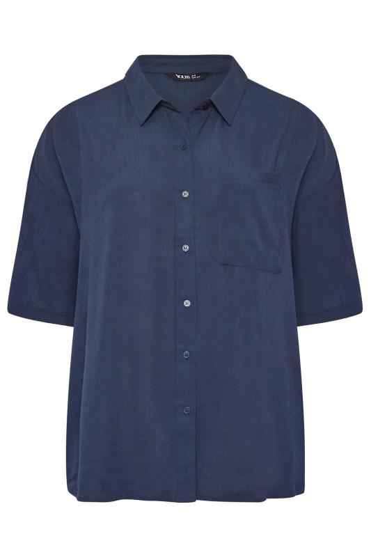 YOURS Curve Navy Blue Short Sleeve Crinkle Shirt | Yours Clothing 6