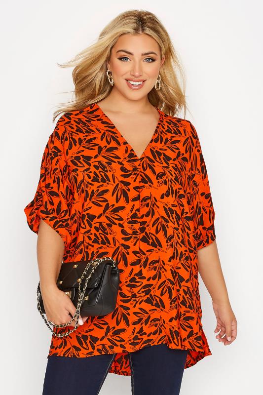 Plus Size Orange Leaf Print Pleat Front V-Neck Top | Yours Clothing 5