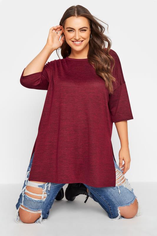Plus Size  Curve Berry Red Marl Oversized Jersey T-Shirt