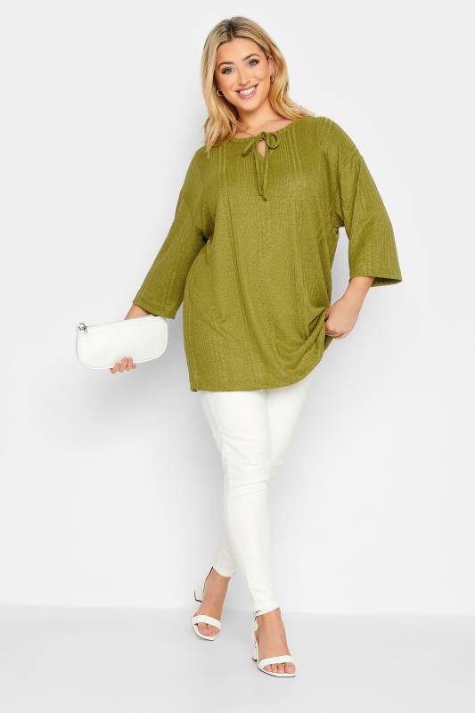 Plus Size Green Textured Tie Neck Top | Yours Clothing 2