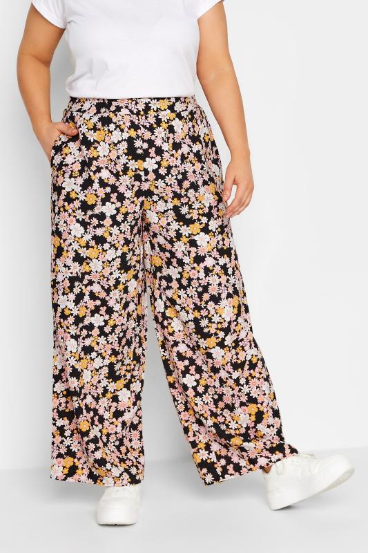 YOURS Plus Size Black Floral Wide Leg Trousers | Yours Clothing 1