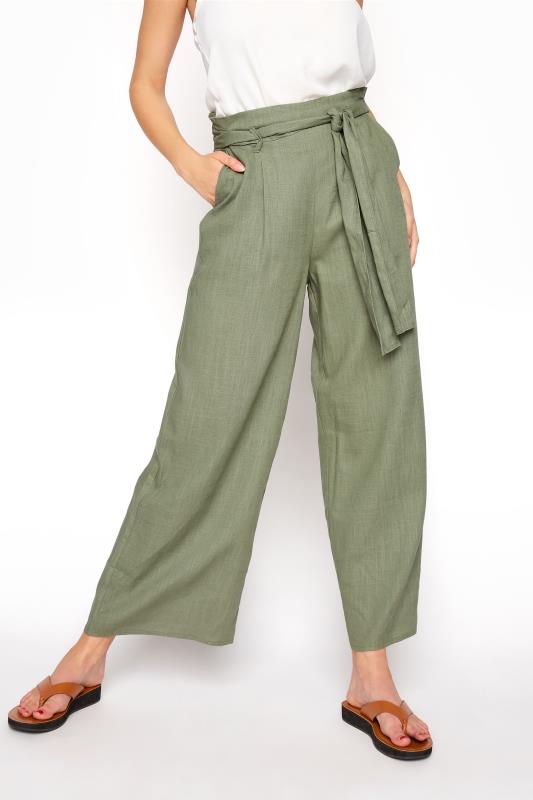 LTS Tall Khaki Green Linen Mix Belted Waist Cropped Trousers 2