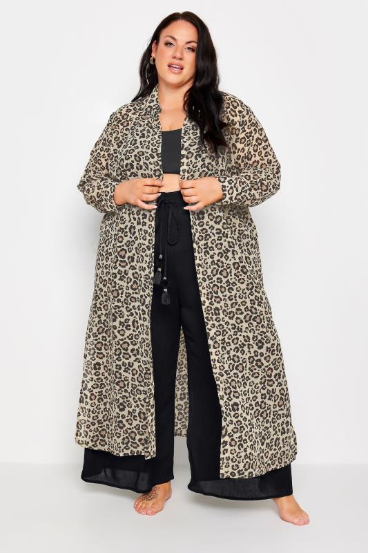 YOURS Plus Size Natural Brown Leopard Print Longline Beach Shirt | Yours Clothing 2
