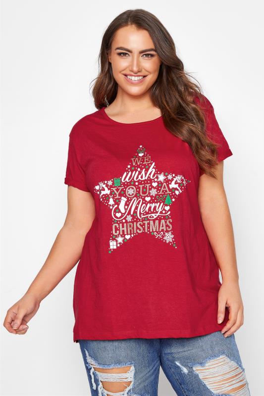 Großen Größen  Red 'We Wish You A Merry Christmas' Slogan Christmas T-Shirt